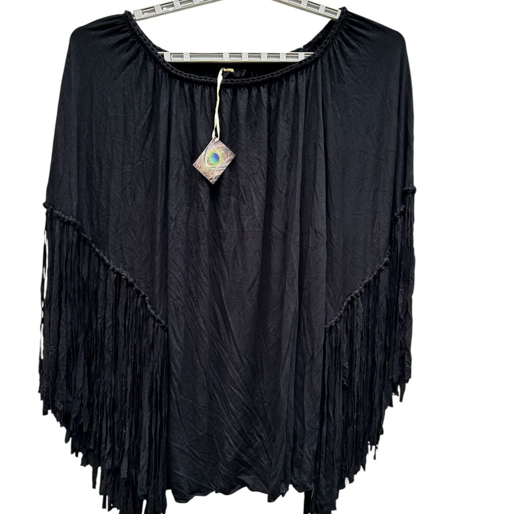 Indah Fringe Cover Up Sweater Womens Oversized XS Black Boho Knit Pullover NEW